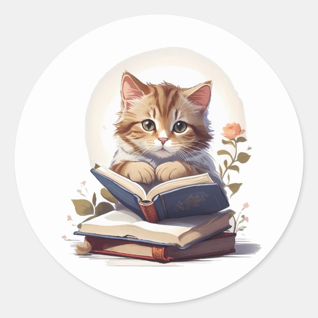 Sticker Rond Chat lecture d'un livre (Devant)