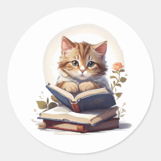Sticker Rond Chat lecture d'un livre