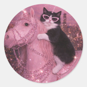Sticker Rond Chat Licorne Glamour sous la ville scintillante