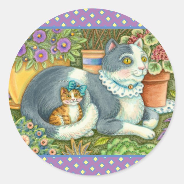 STICKER ROND CHAT MÈRE ET CUISINE, FLEURS POTÉES, BOWS & LACE (Devant)