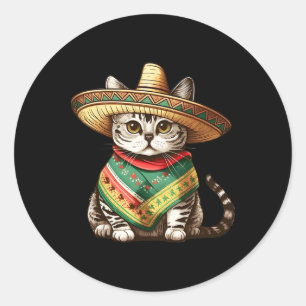 Sticker Rond Chat Mexicain Portant Un Chapeau De Sombrero Et Po