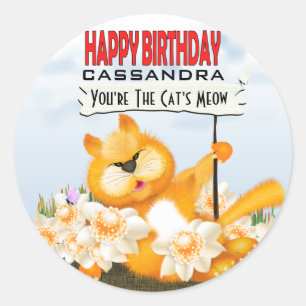 Sticker Rond Chat mignon avec signe Joyeux anniversaire