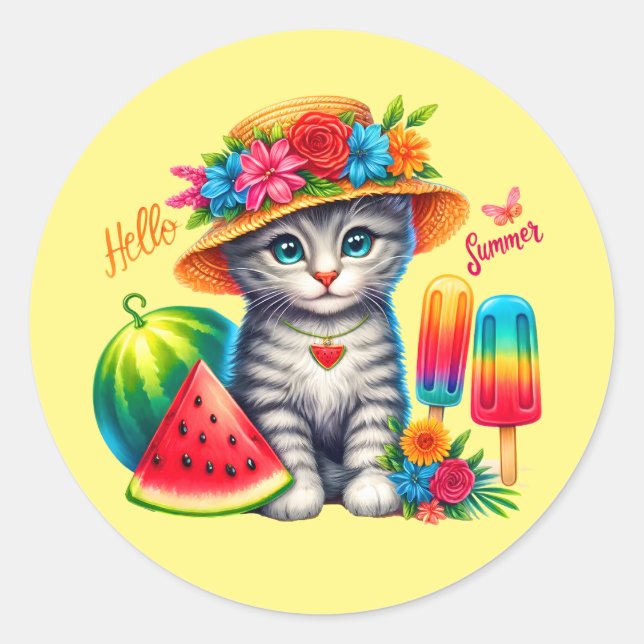 Sticker Rond Chat mignon bonjour été (Devant)
