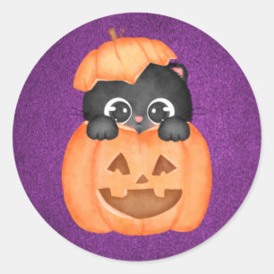 Sticker Rond Chat mignon dans une Halloween violet Citrouille