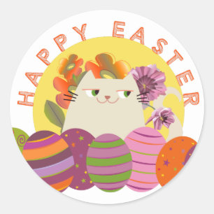 Sticker Rond Chat mignon de Pâques kawaii