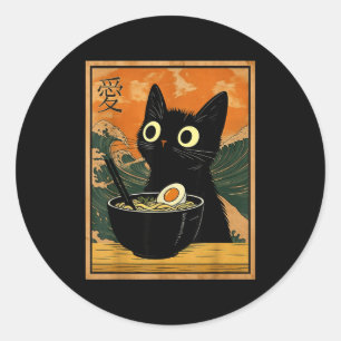Sticker Rond Chat mignon mangeant des nouilles Ramen Cadeau drô
