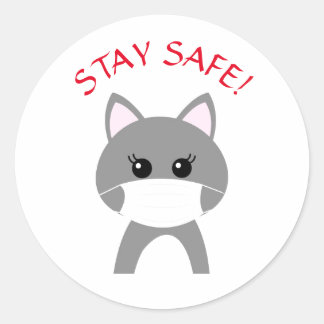 Sticker Rond CHAT MIGNON PORTE MASQUE RESTEZ PRUDENT Autocollan