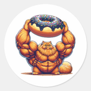 Sticker Rond Chat Musclélevant un Beignet