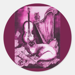 Sticker Rond CHAT MUSICAL, rose Fuchsia violet et blanc