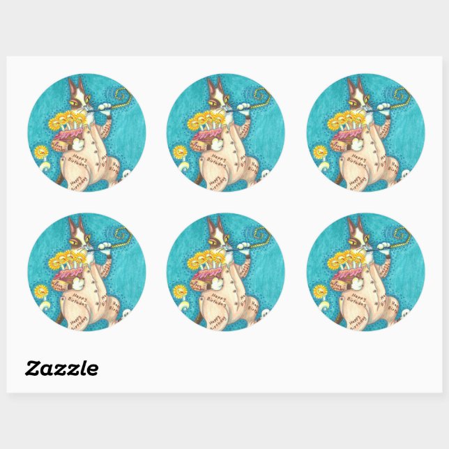 STICKER ROND CHAT N'FITZ EN COUCHER D'ANNIVERSAIRE, GÂTEAU ET B (Feuille)