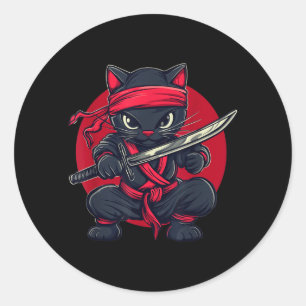 Sticker Rond Chat Ninja Samouraï Japon Drapeau Japonais Kawaii