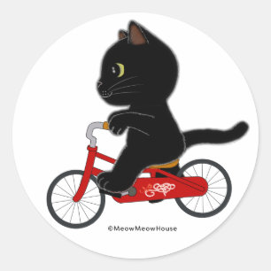 Sticker Rond Chat noir à bicyclette