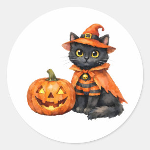 Sticker Rond Chat noir à l'aquarelle en costume d'Halloween 