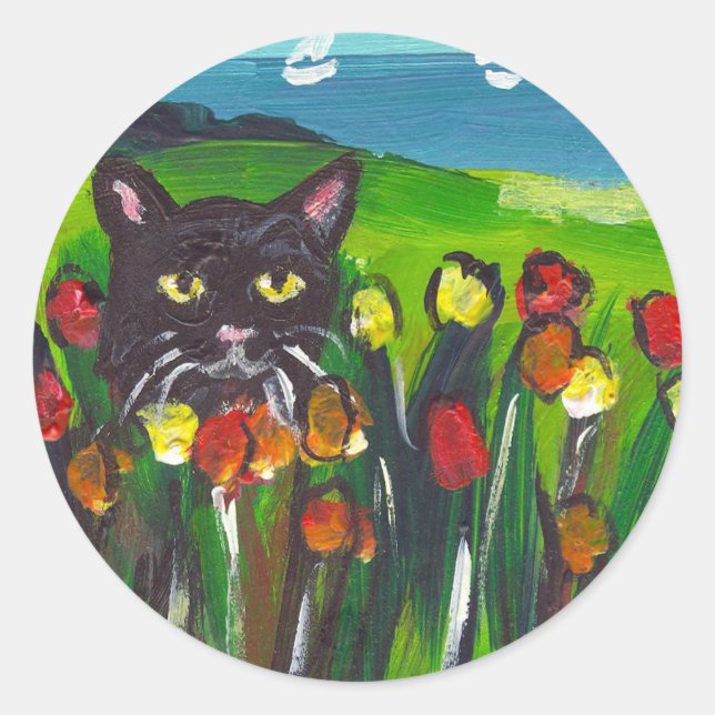 Sticker Rond Chat noir au milieu des tulipes (Devant)