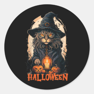 Sticker Rond Chat Noir Avec Chapeau De Sorcière Bougie Et Citro