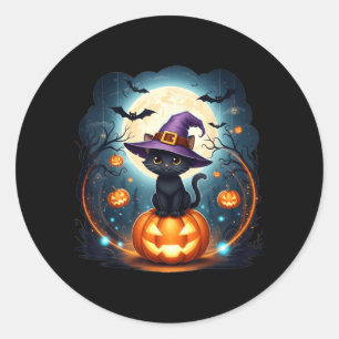Sticker Rond Chat Noir Avec Chapeau De Sorcière Bougie Et Citro