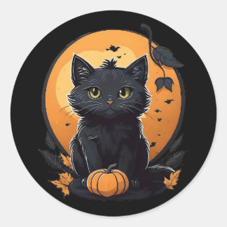 Sticker Rond Chat noir avec citrouille