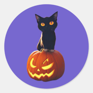 Sticker Rond Chat noir avec Citrouille Cute Kawaii Animaux Anim