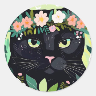 Sticker Rond Chat noir avec couronne florale