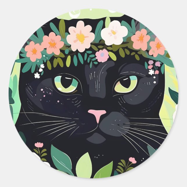Sticker Rond Chat noir avec couronne florale (Devant)