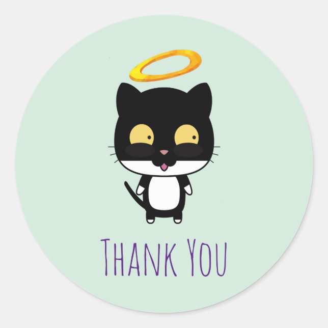 Sticker Rond Chat Noir Avec Halo Or Cute Angel Merci (Devant)