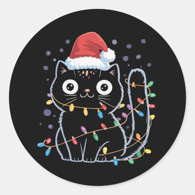 Sticker Rond Chat noir chat Père Noël lumières de Noël Meow Kit (Devant)