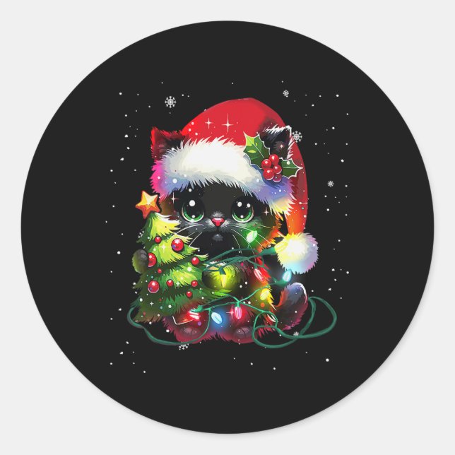Sticker Rond Chat Noir Chat Père Noël Tangé À Noël T (Devant)