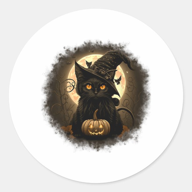 Sticker Rond Chat noir Citrouille Lune Éffrayante Halloween Wom (Devant)