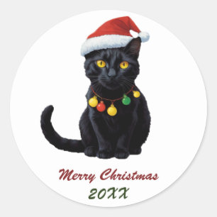 Sticker Rond Chat Noir de Noël mignon à Santa Hat Custom