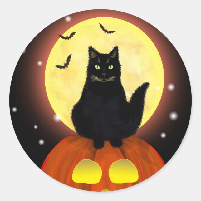 Sticker Rond Chat noir d'Halloween avec Citrouille (Devant)
