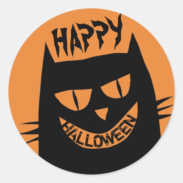 Sticker Rond Chat noir d'Halloween déplaisant sur Orange (Devant)