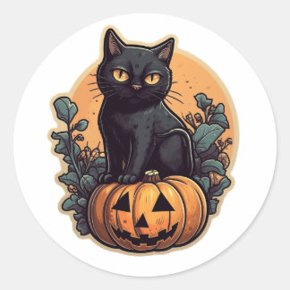Sticker Rond Chat noir d'Halloween et citrouille