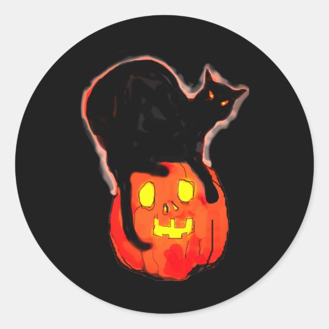 Sticker Rond Chat noir d'Halloween sur Citrouille orange brilla (Devant)