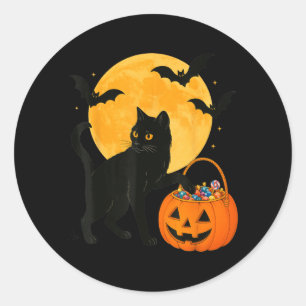 Sticker Rond Chat noir drôle d'Halloween citrouille avec bonbon