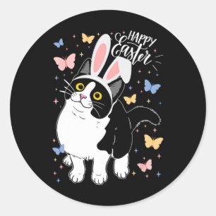 Sticker Rond Chat noir drôle Oeuf de Pâques Joyeux Bunny de Pâq