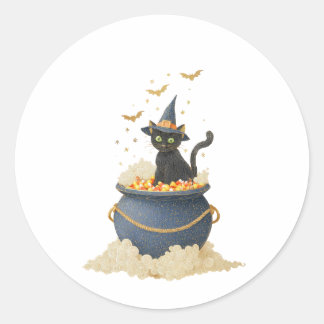 Sticker Rond Chat noir éffrayant à Cauldron. Halloween