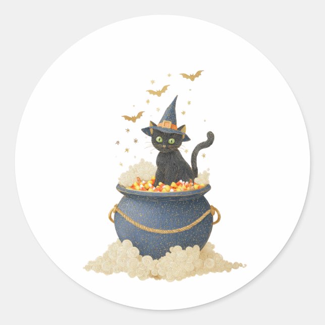 Sticker Rond Chat noir éffrayant à Cauldron. Halloween (Devant)