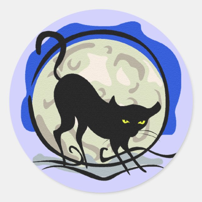Sticker Rond Chat noir et Arrière - plan bleu Pleine lune, ZSSG (Devant)