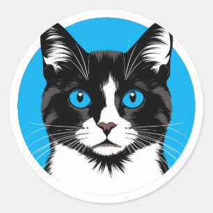 Sticker Rond Chat noir et blanc aux yeux bleus