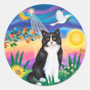 Sticker Rond Chat noir et blanc - Crépuscule