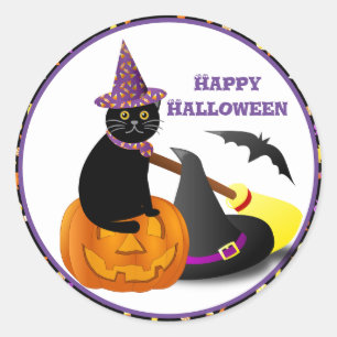 Sticker Rond Chat noir et citrouille Joyeux Halloween