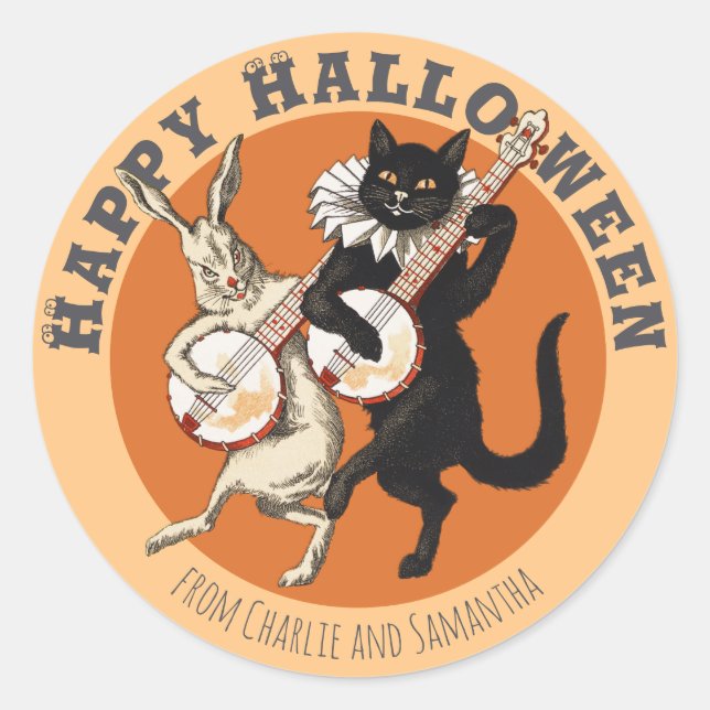 Sticker Rond Chat noir et lapin voyous Halloween CC1052 (Devant)