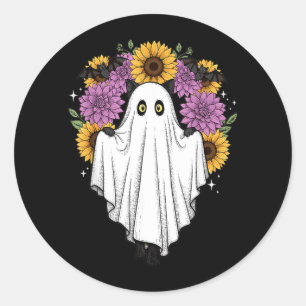 Sticker Rond Chat noir fantôme d'Halloween Chauve-souris Fleur 