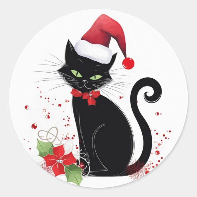 Sticker Rond Chat noir festif (Devant)