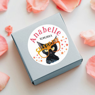Sticker Rond Chat noir girly cool Aquarelle Orange Rouge Paille