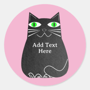 Sticker Rond Chat noir gras avec yeux verts Texte personnalisé