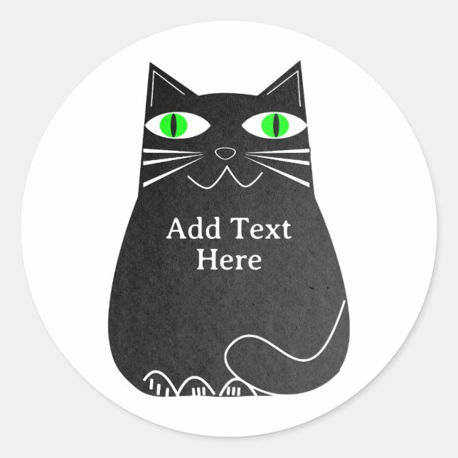 Sticker Rond Chat noir gras avec yeux verts Texte personnalisé (Devant)