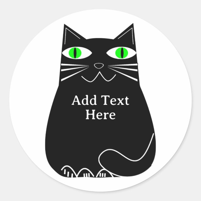 Sticker Rond Chat noir gras avec yeux verts Texte personnalisé (Devant)