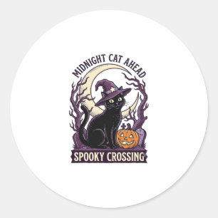 Sticker Rond Chat Noir Halloween Gravure Vintage Chat Citrouill