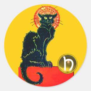 STICKER ROND CHAT NOIR HALLOWEEN PARTY MONOGRAM